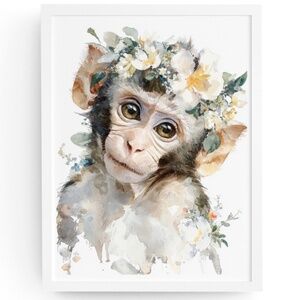 Watercolor Floral Monkey Portrait Wall Art Print Unframed - Playful Jungle Charm